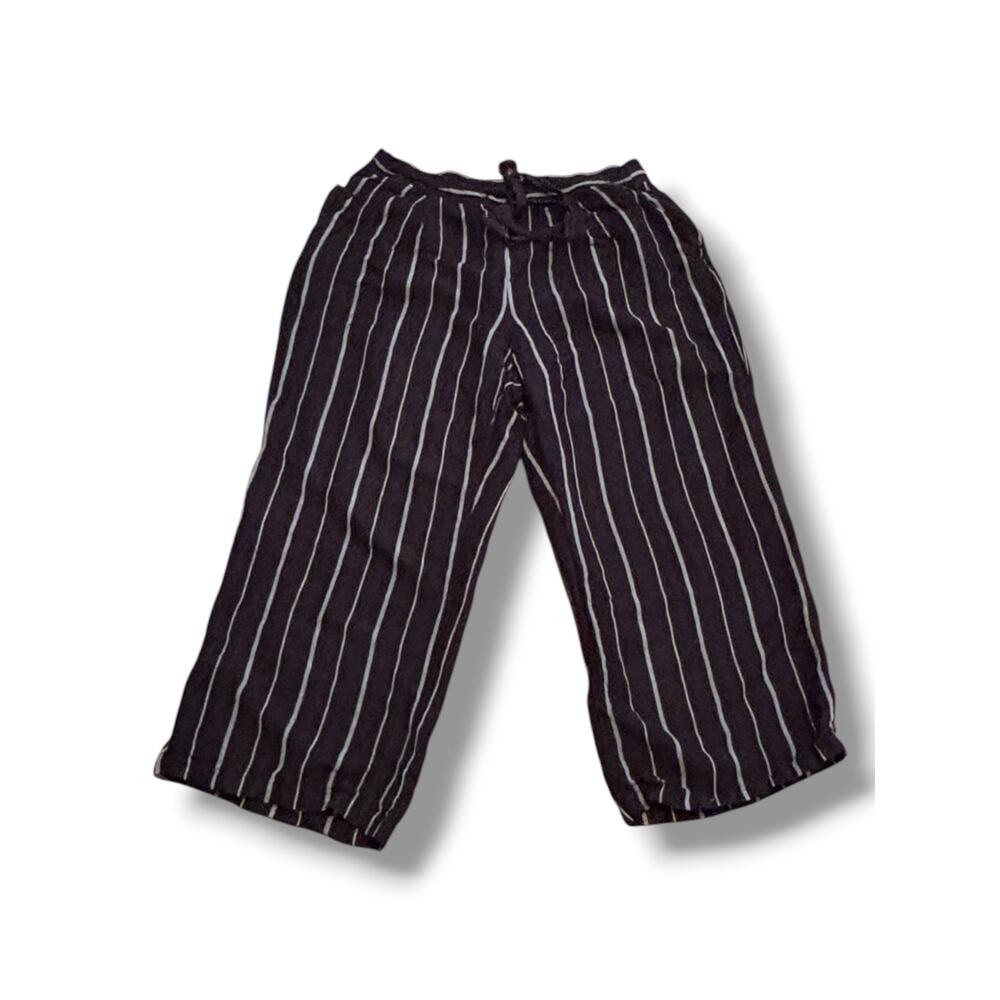 Black White Pinstripe Linen Rayon Wide Leg Cropped Pants XL Casual Coastal Boho - Picture 5 of 9